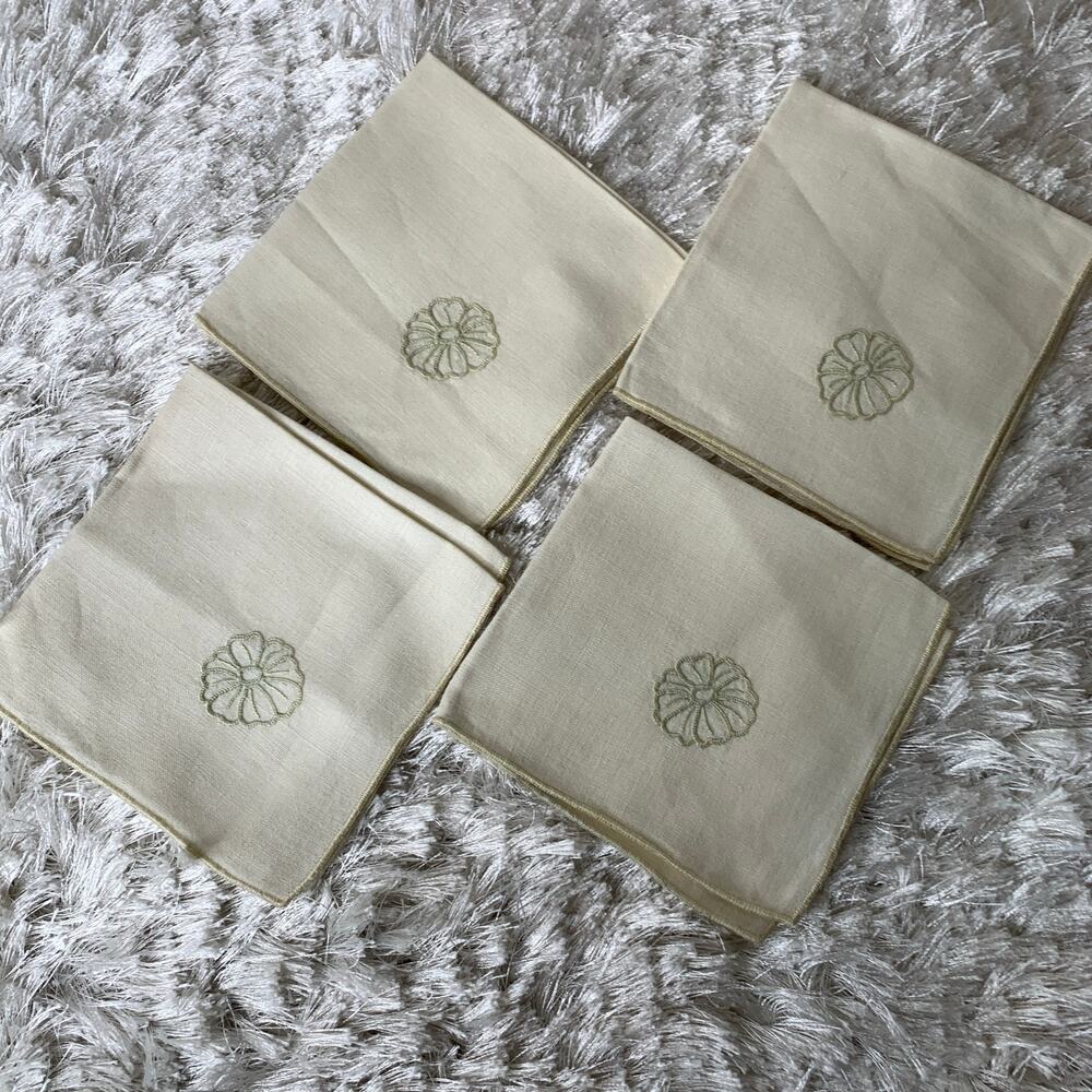 Vintage Fabric Napkins Embroidered Flower Cream Tan Cottage Retro Preppy